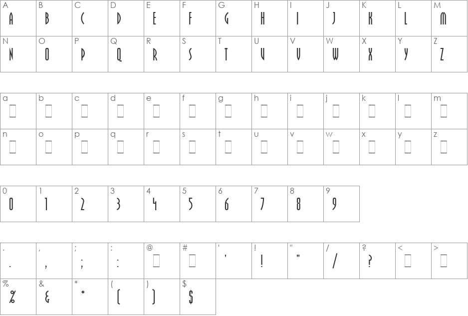 Pritchard LET font character map preview