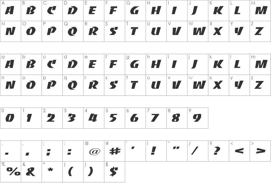 BaccaratWide font character map preview