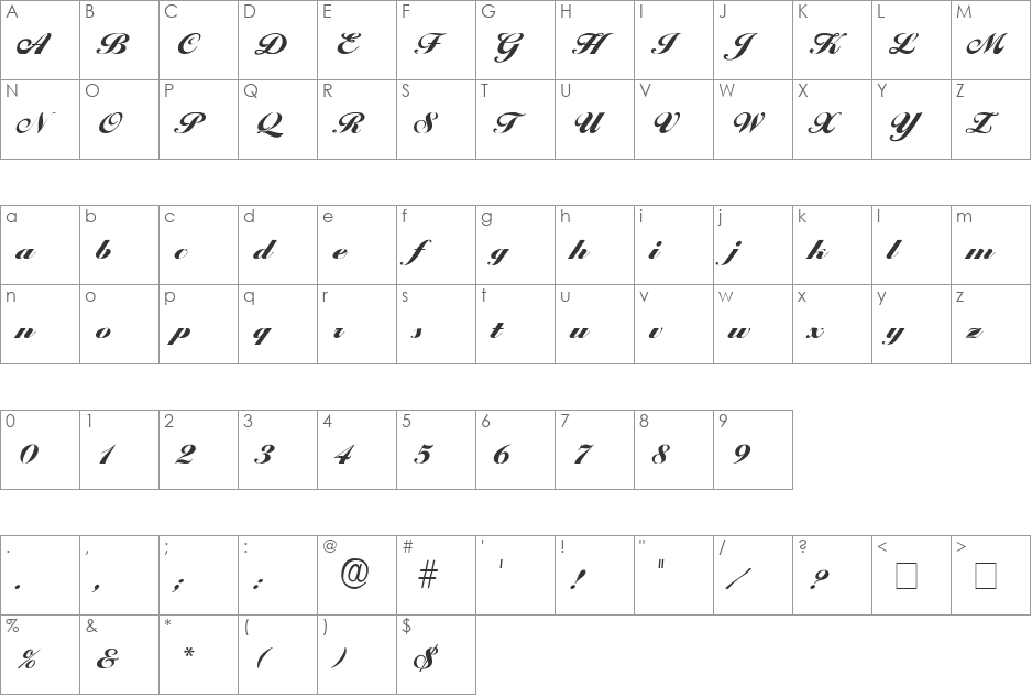 Progena Script SSi font character map preview