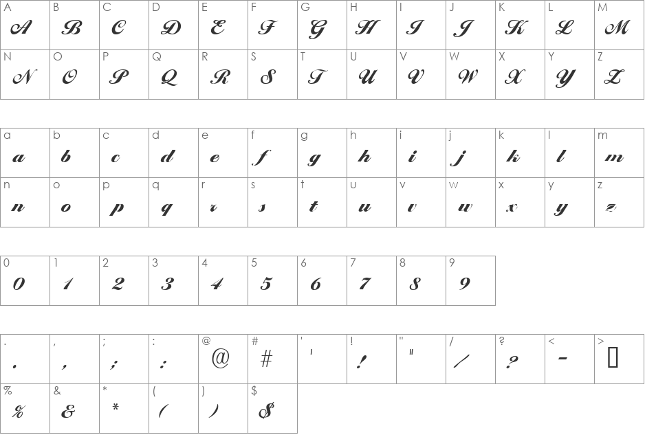 ProgenaScriptSSi font character map preview
