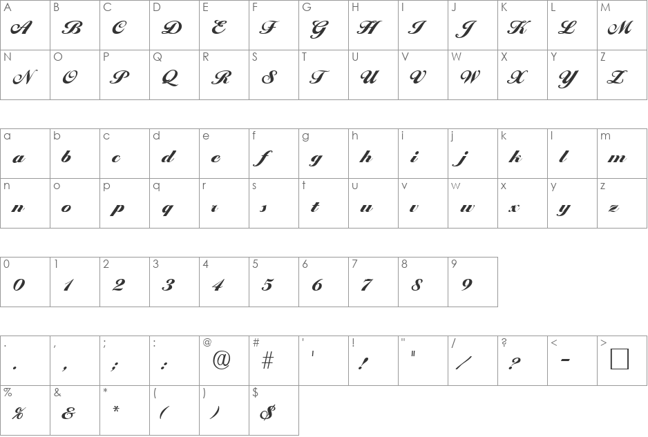 ProgenaScriptSSK font character map preview