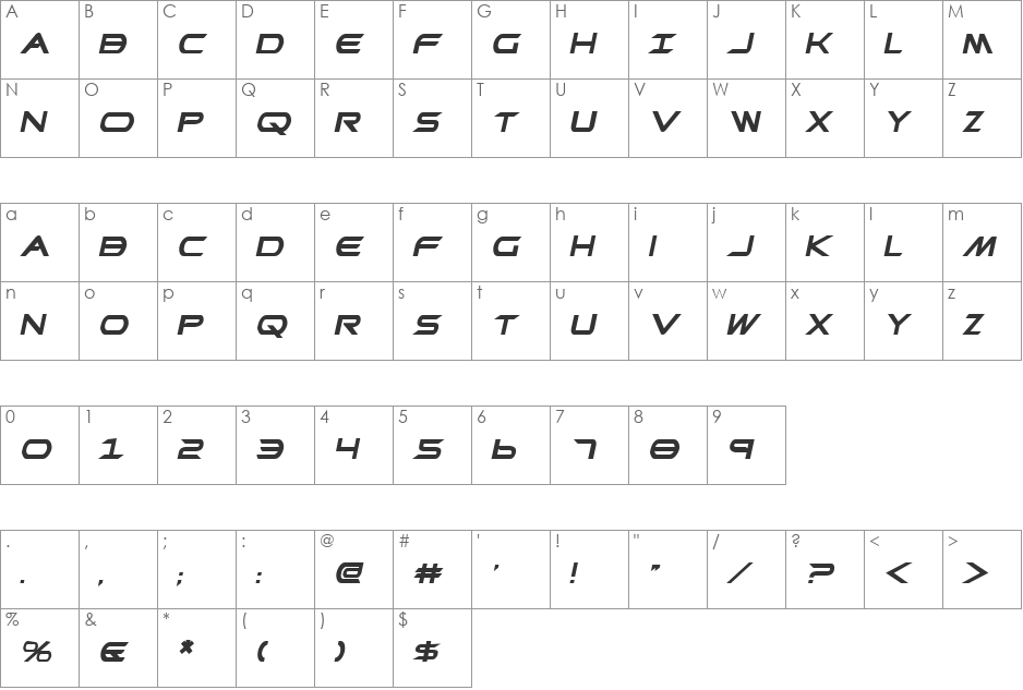 Promethean Bold Italic font character map preview