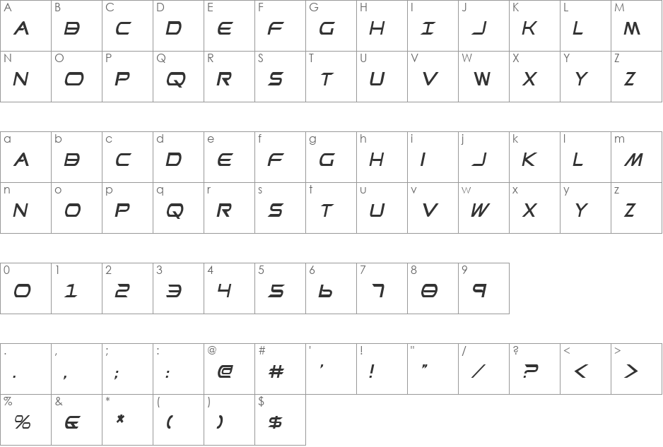 Promethean Condensed Italic font character map preview