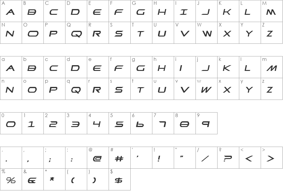 Promethean Expanded Italic font character map preview
