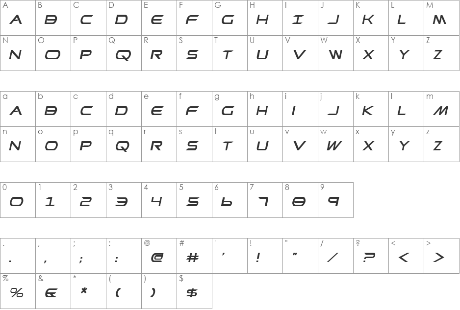 Promethean Italic font character map preview