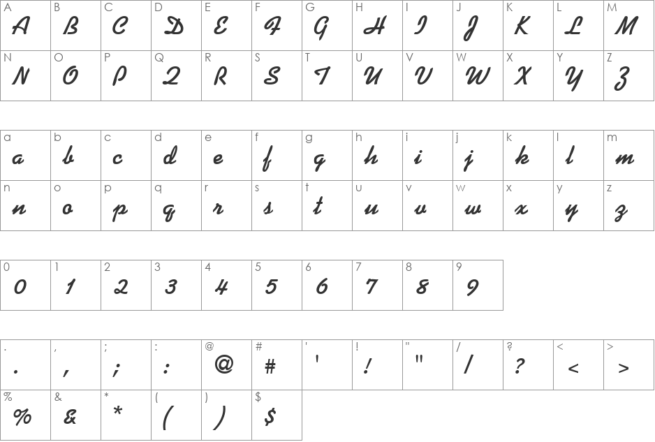 ProseScriptSSK font character map preview