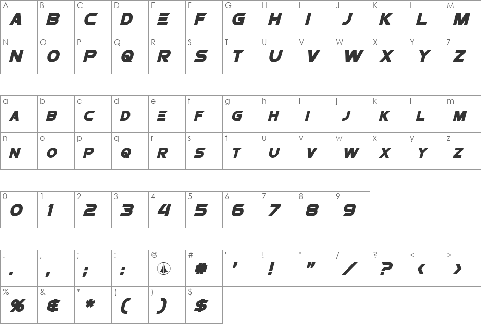 Protoculture font character map preview