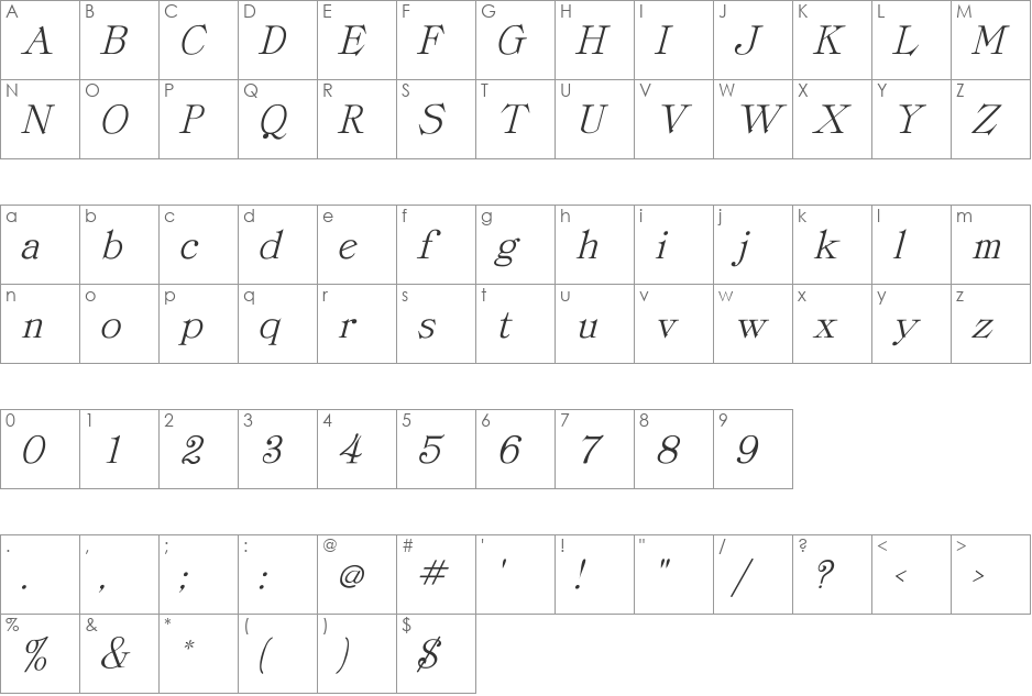 ProvLite Italic font character map preview