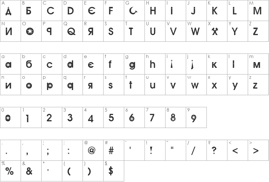 PseudoRussian Becker font character map preview