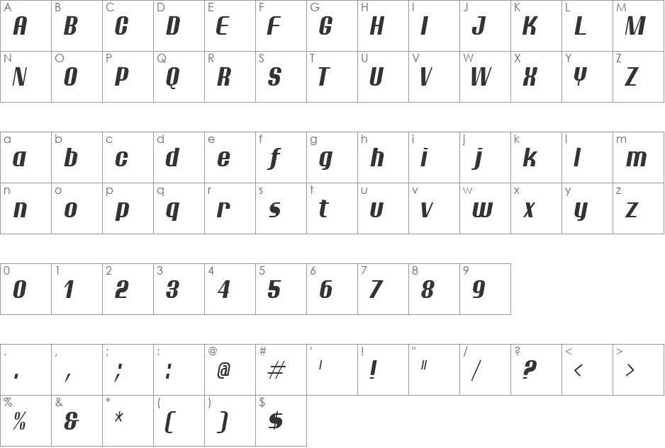 Ptarmigan Condensed font character map preview