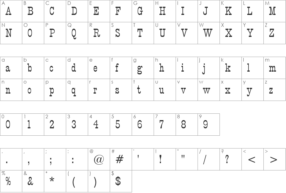 PTBarnum BT font character map preview