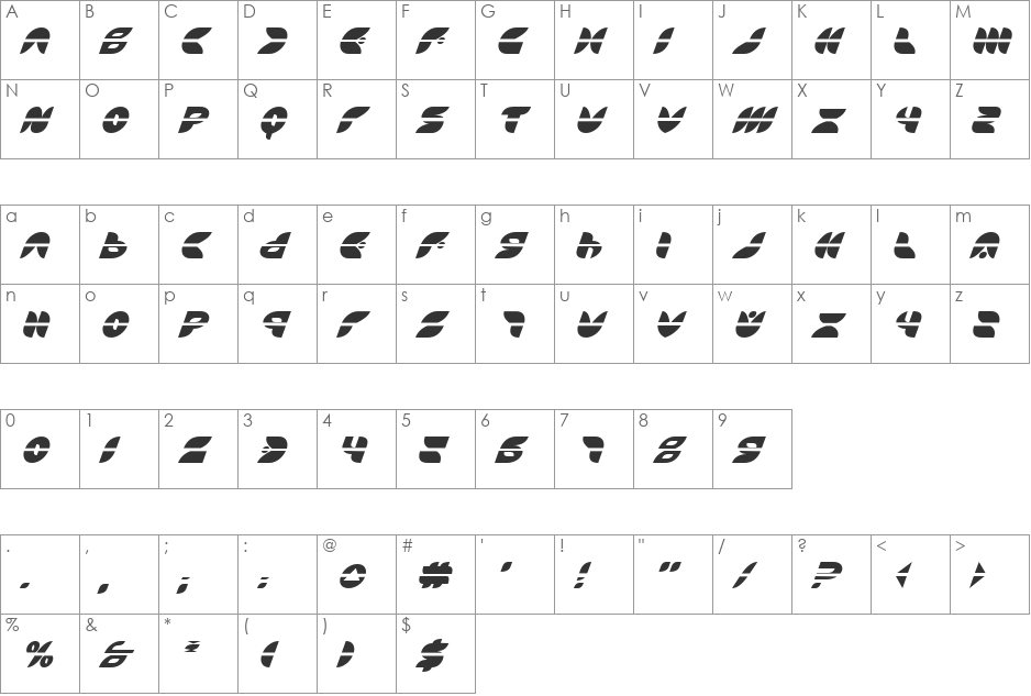 Puff Angel Laser Italic font character map preview