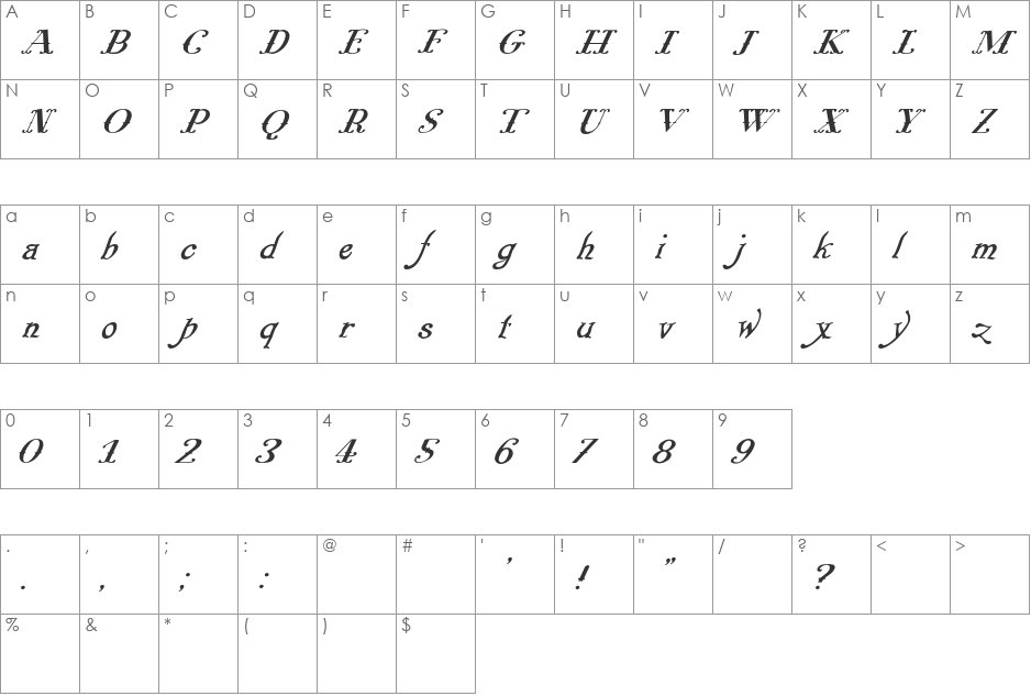 Pugsley font character map preview