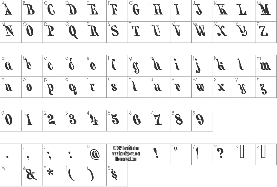 Backhand Brush font character map preview