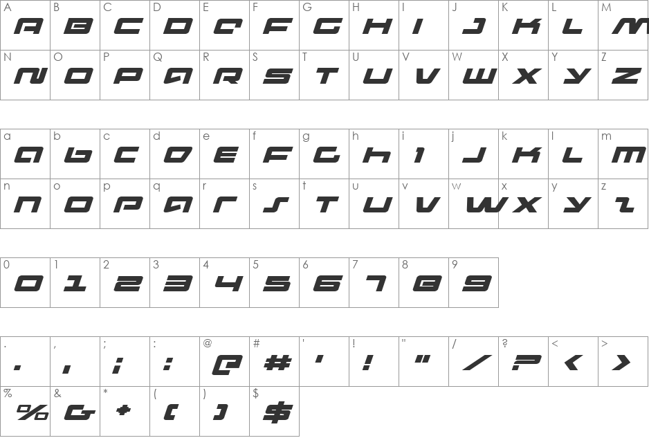 Pulse Rifle Expanded Italic font character map preview