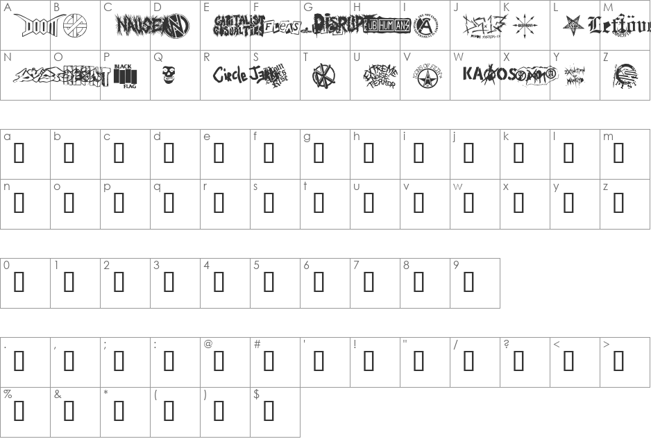 punk rawk font character map preview