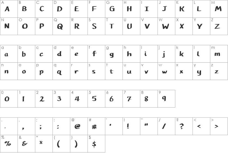 Pupil Caligraphic font character map preview