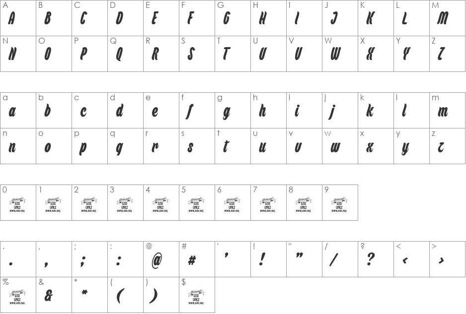 Backpack Personal Use font character map preview
