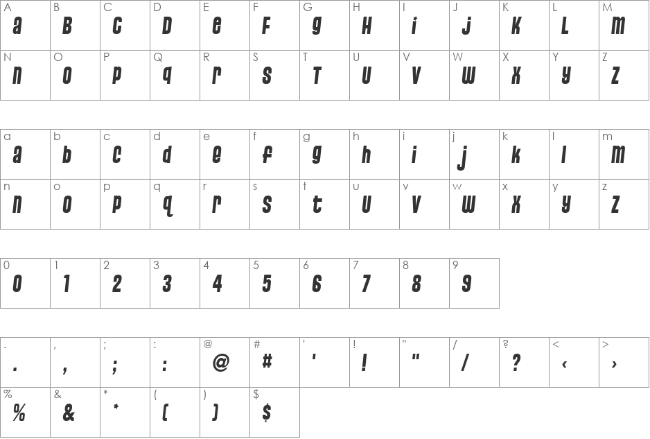 Pussycat font character map preview
