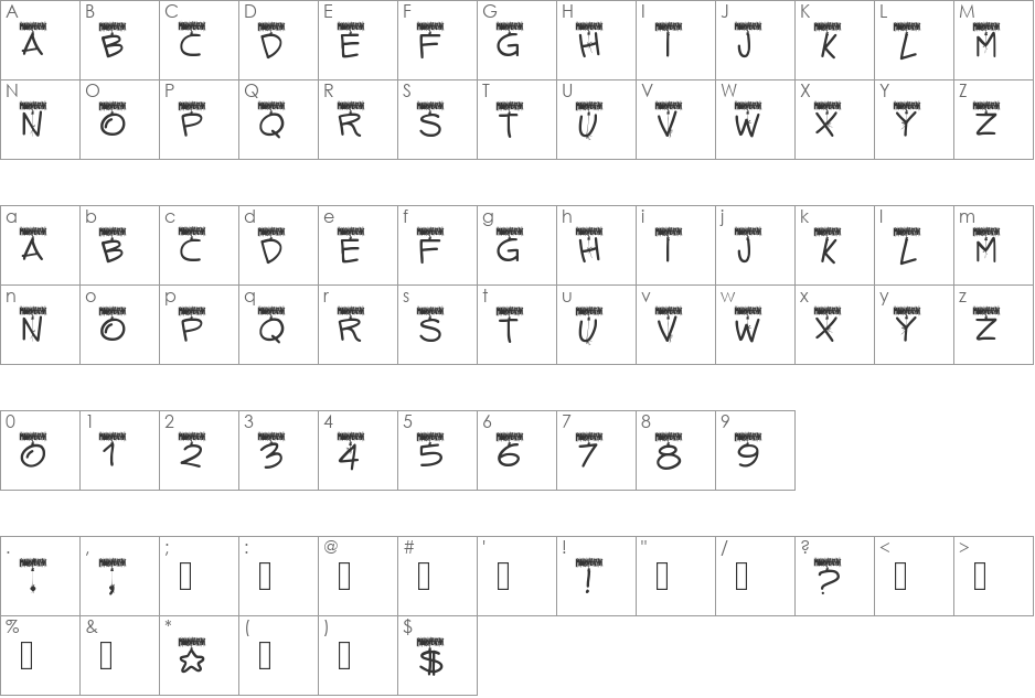 PWTinselLetters font character map preview