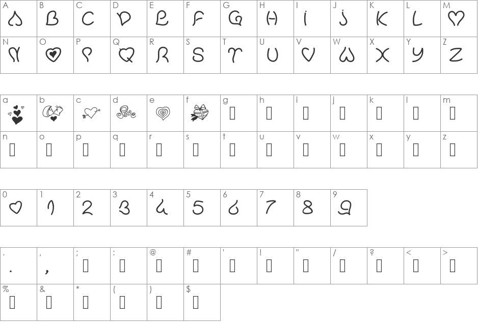 PWValentineLove font character map preview