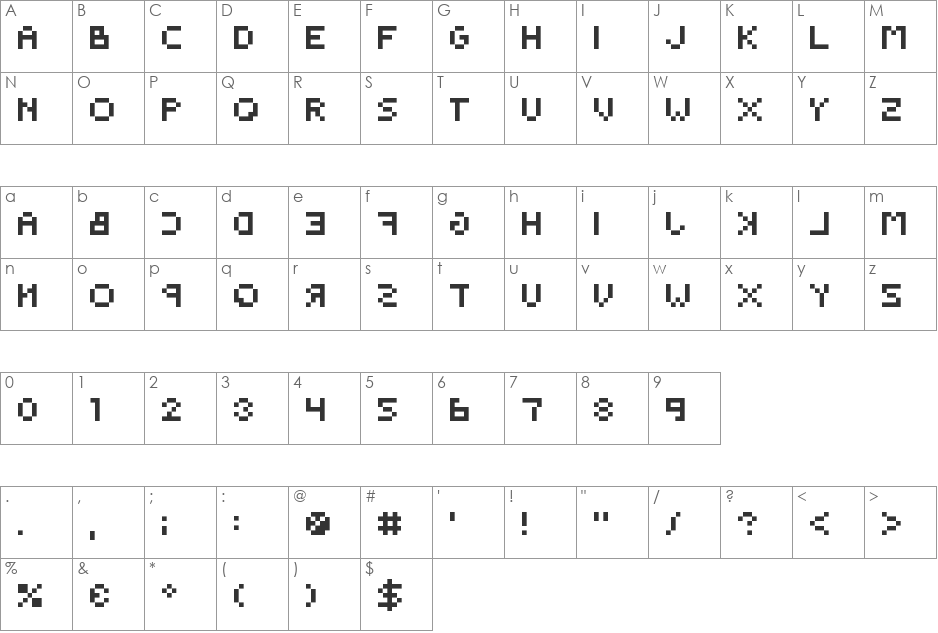 BackwardsPixelized font character map preview
