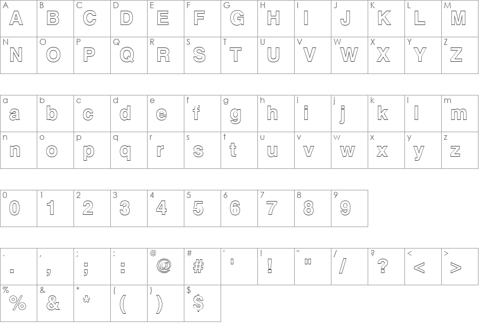 QTHelvet-BoldOutline font character map preview