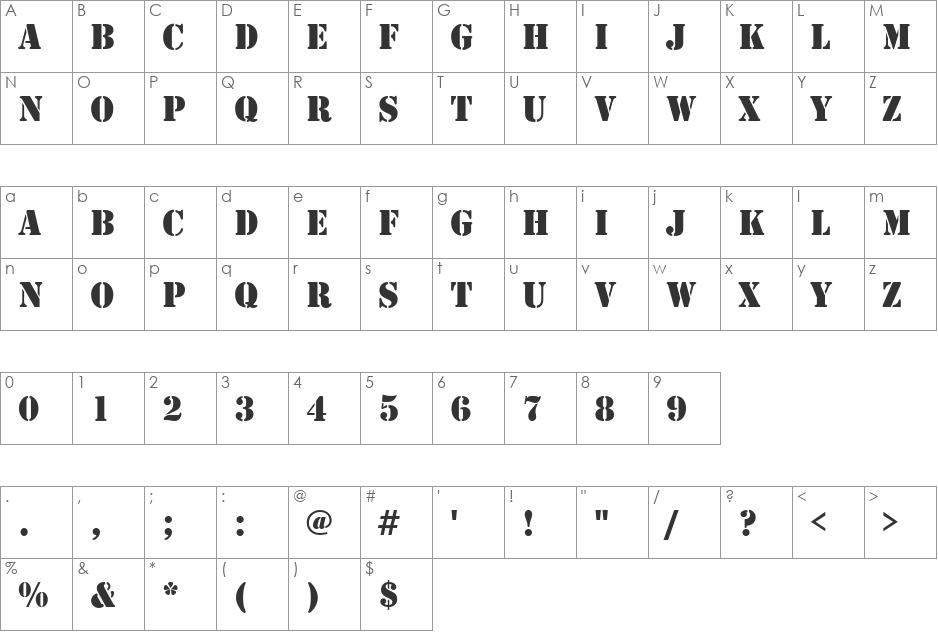QTMilitary font character map preview