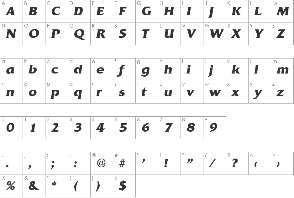 Quadrat-BoldIta font character map preview