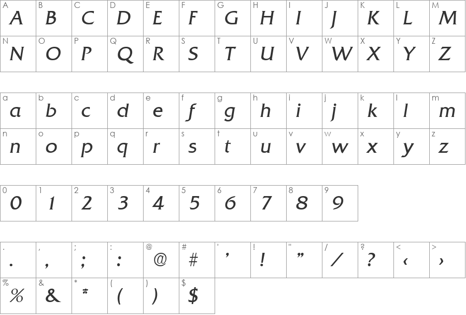 Quadrat-LightIta font character map preview