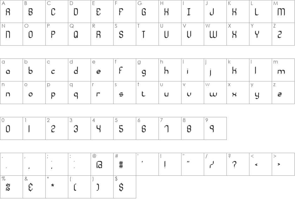Quadratic Cal BRK font character map preview