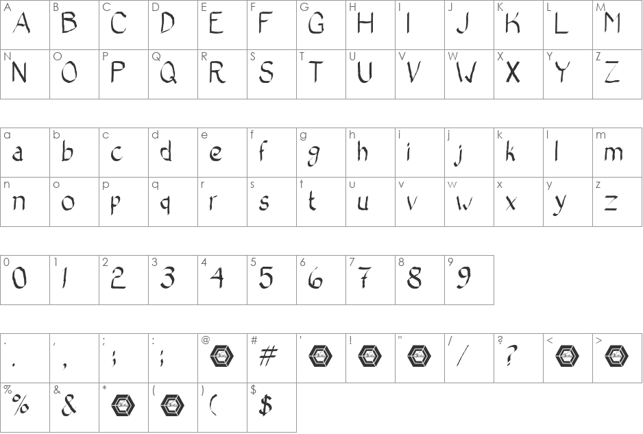 Bad Calligraphic font character map preview