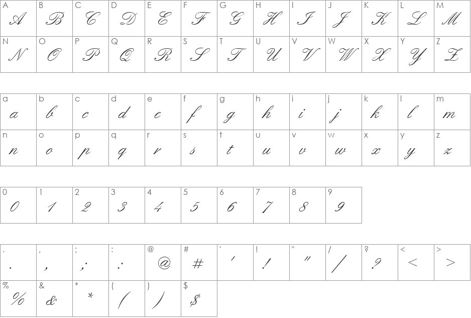 QuadrilleScriptSSK font character map preview