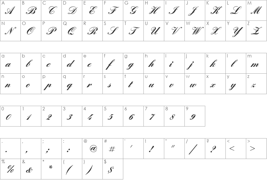 QuadrilleScriptSSK font character map preview