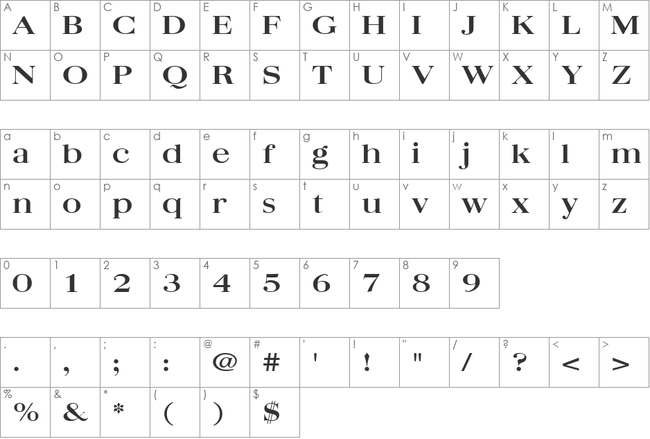 Quantas Broad font character map preview