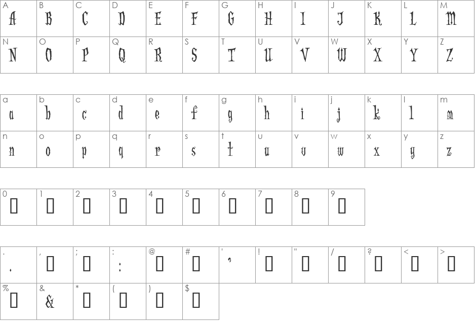Addams font character map preview
