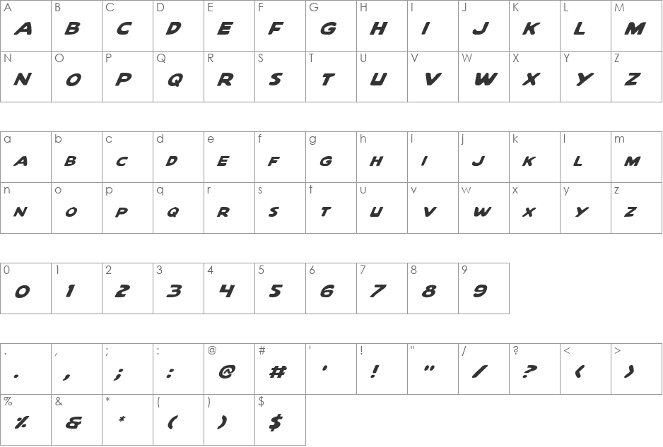 Quartermain Italic font character map preview