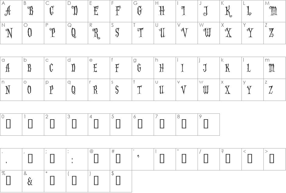 AddamsCapitals font character map preview