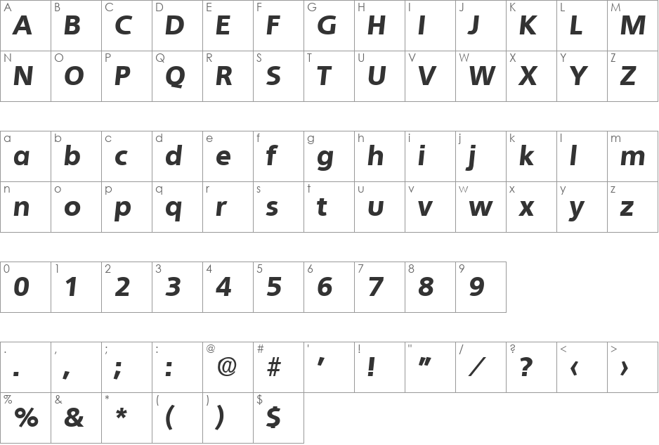 Quebec-ExtraBoldIta font character map preview