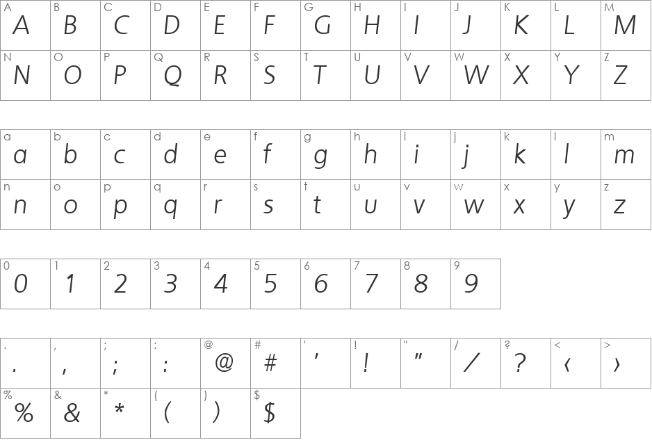 Quebec-LightIta font character map preview