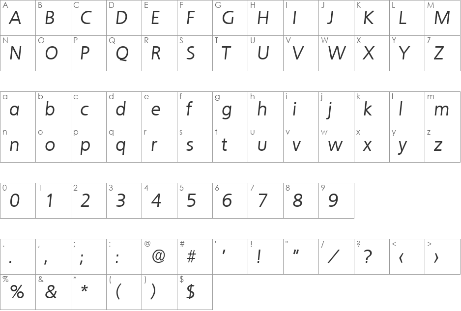 Quebec-RegularIta font character map preview