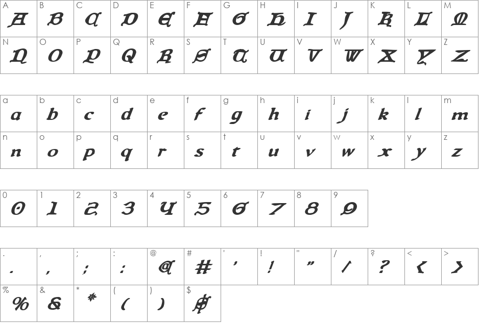 Queen & Country Bold Italic font character map preview