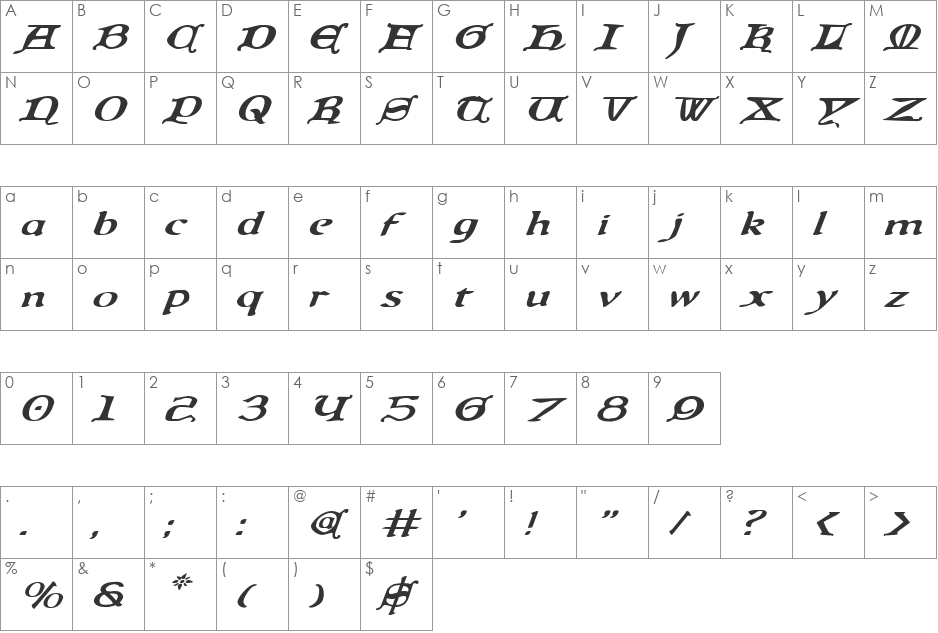 Queen & Country Expanded Italic font character map preview