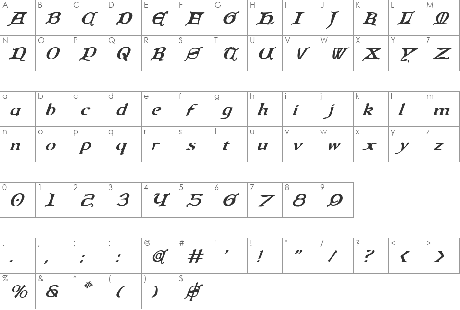 Queen & Country Italic font character map preview