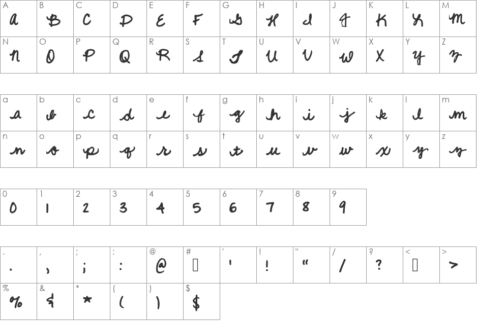 Quick Cursive font character map preview