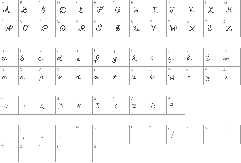 Quick Cursive font character map preview