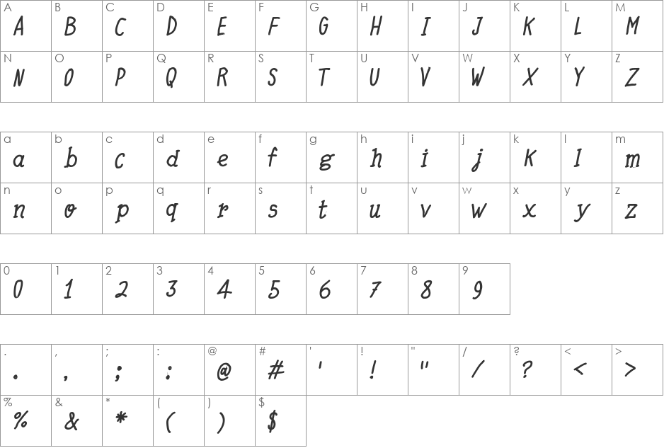 Quick Writing font character map preview