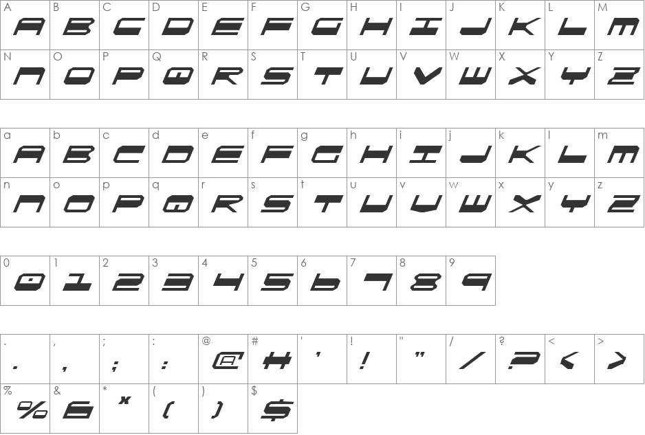 QuickGear Italic font character map preview