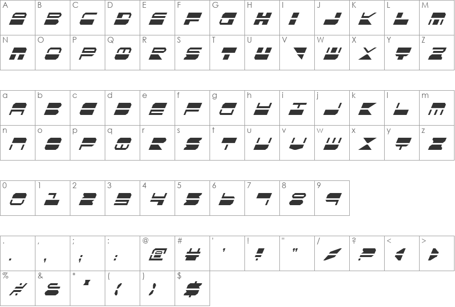 Quickmark Condensed Italic font character map preview