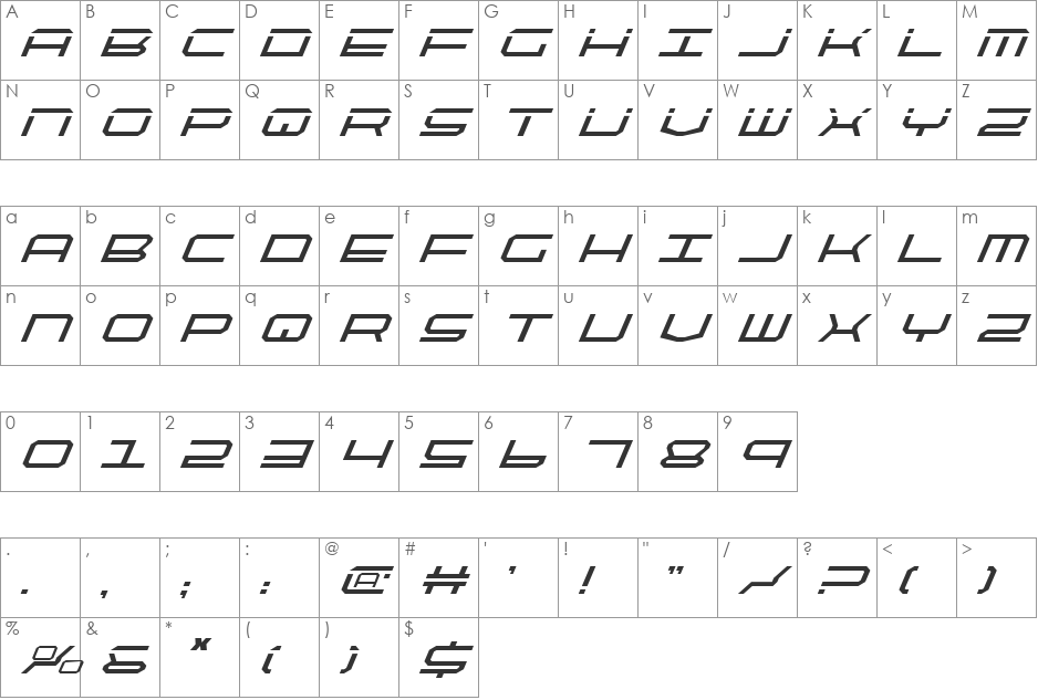 QuickTech Italic font character map preview